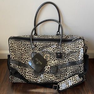 NEW GUESS Tote Weekender Duffel Bag Silver "Tabby" Leopard Animal Print